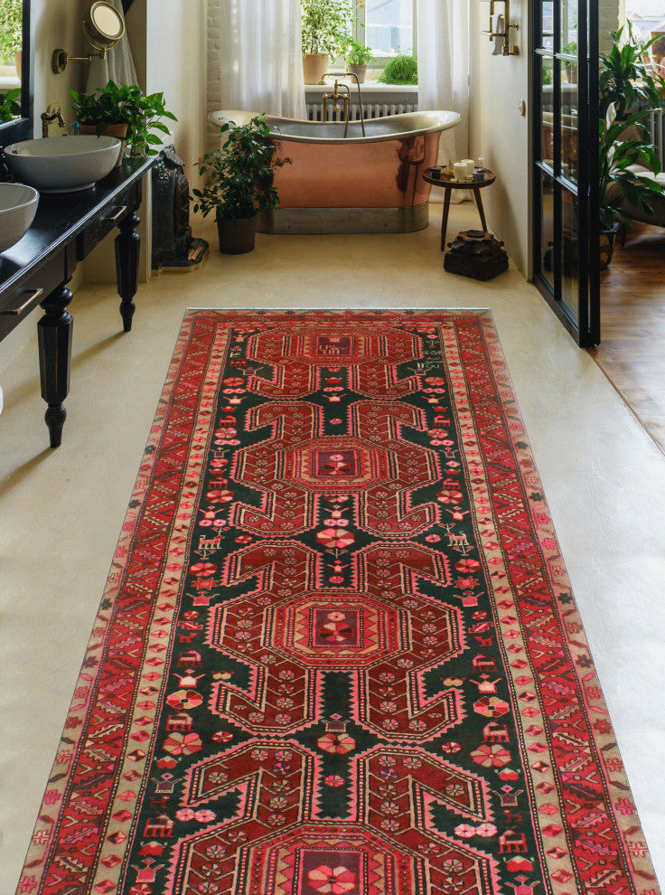 Fine Vintage Distressed Rehema Charcoal/Burgundy Runner, 4'1x10'2