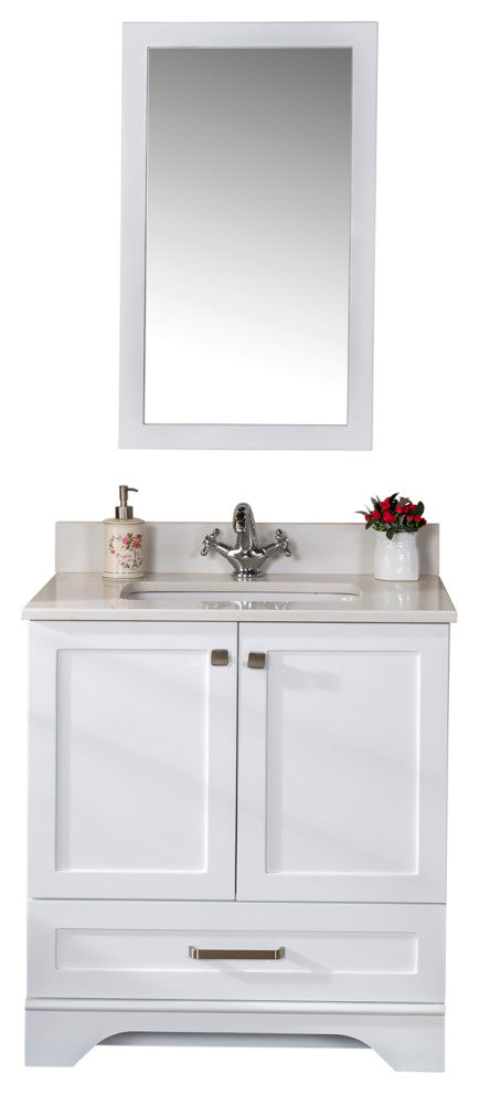 Livia Collection 30" Bath Vanity Quartz Top and Ceramic Sink, White, 30"