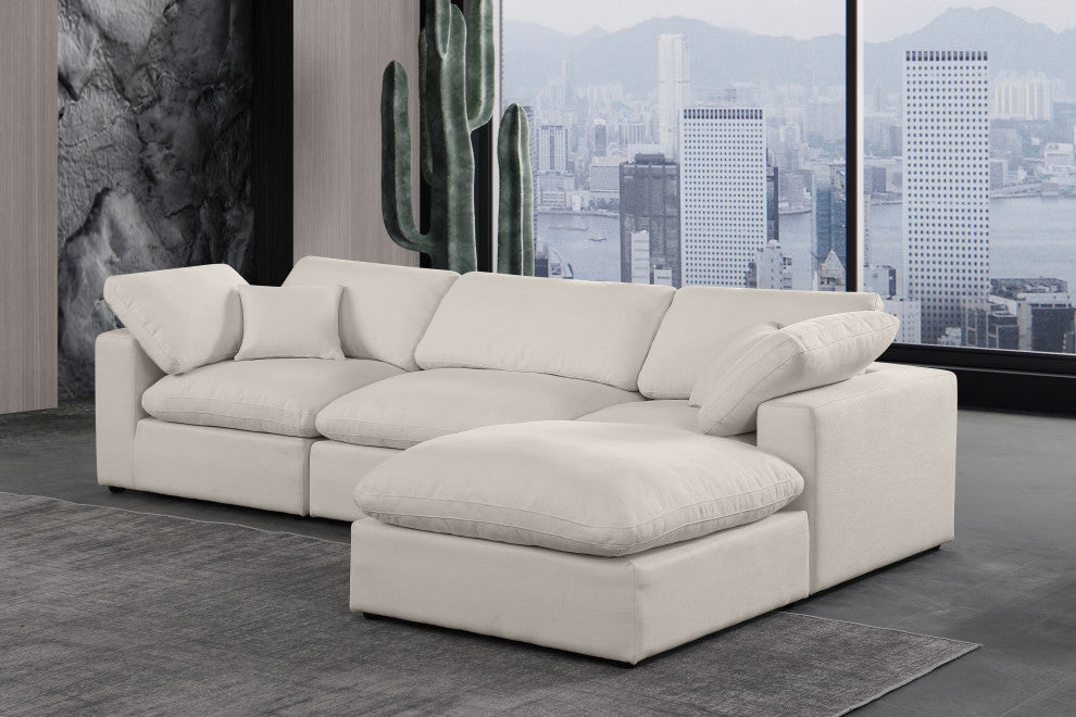Comfy Upholstered L-Shaped Modular Sectional, Beige, 4-Piece: 1 Armless Chair, 2 Corner Chair, 1 Ottoman, Linen Textured Fabric