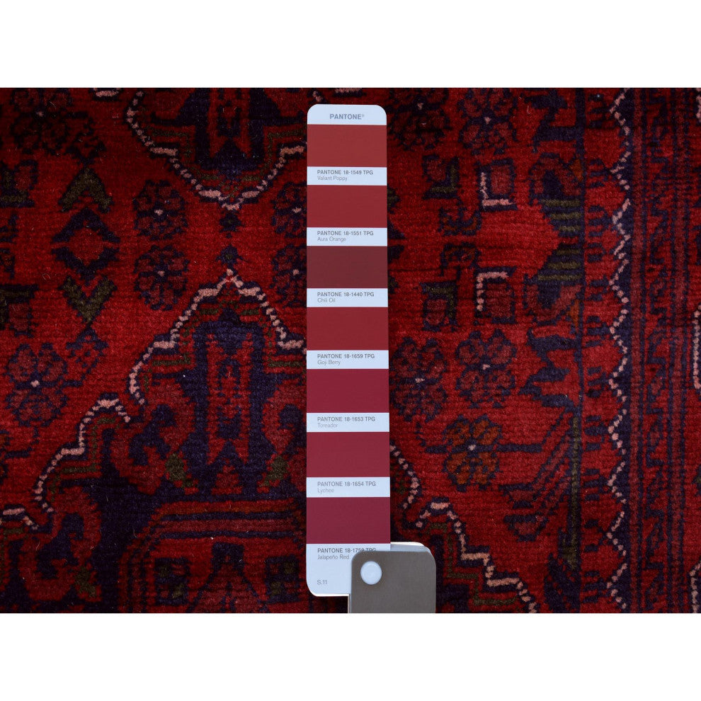 Red Afghan Khamyab Wool Geometric Design Hand knotted Wool Runner Rug 2'9"x13'2"