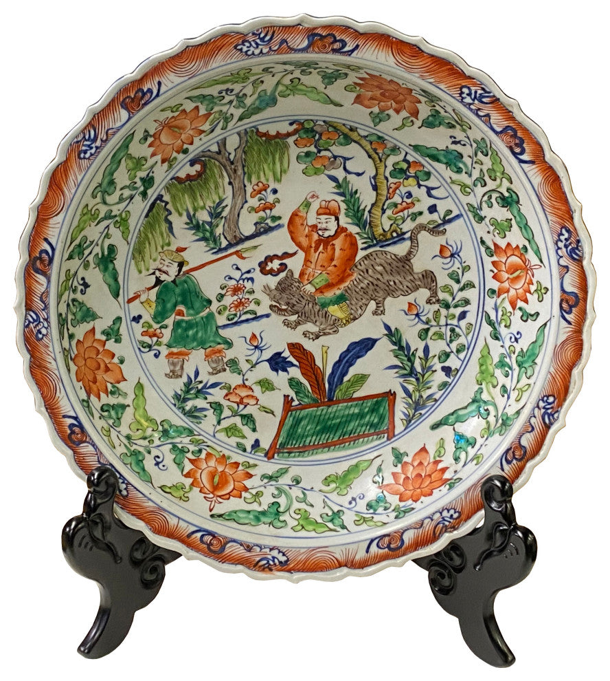 Chinese Orange White Porcelain People Scenery Display Charger Plate Hcs7437