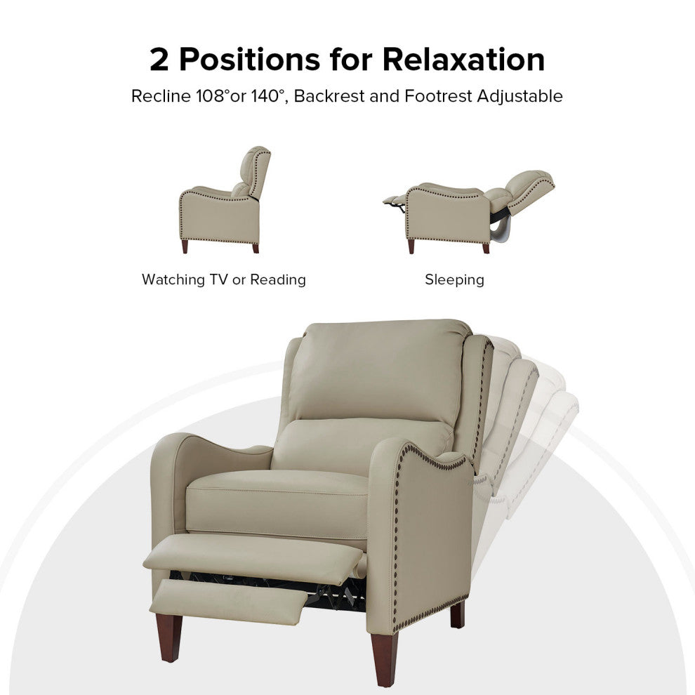 Genuine Leather Recliner With Nailhead Trim Set of 2, Beige