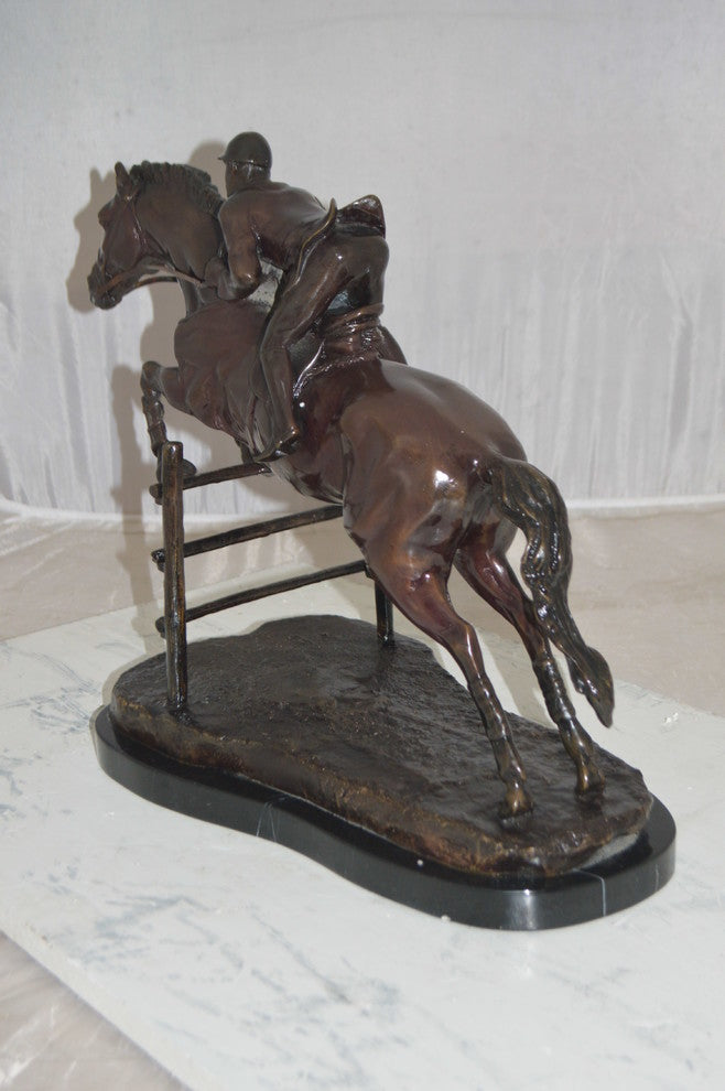 Jockey With Horse Jumping Over Hurdle Bronze Statue Medium  23"L x 10"W x 16"H