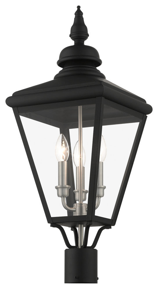 3 Light Black Outdoor Large Post Top Lantern, Brushed Nickel