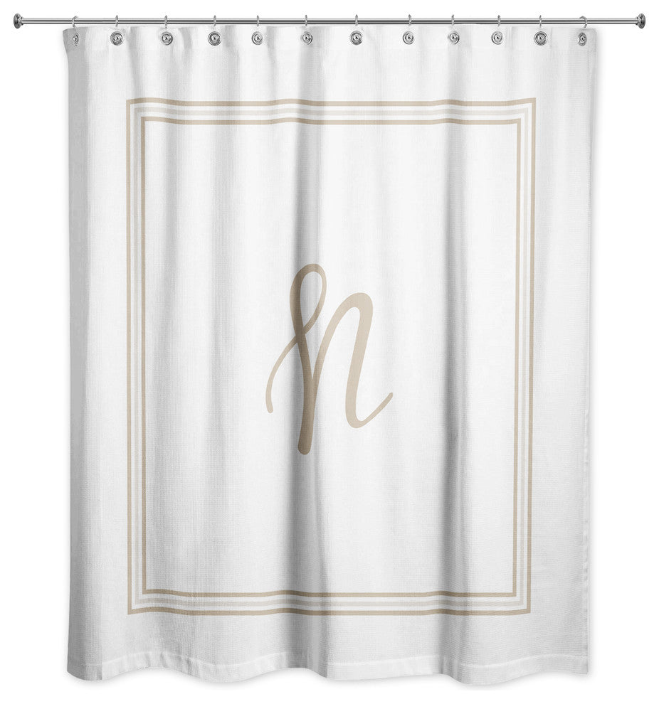 Beige and White Monogrammed Shower Curtain, N