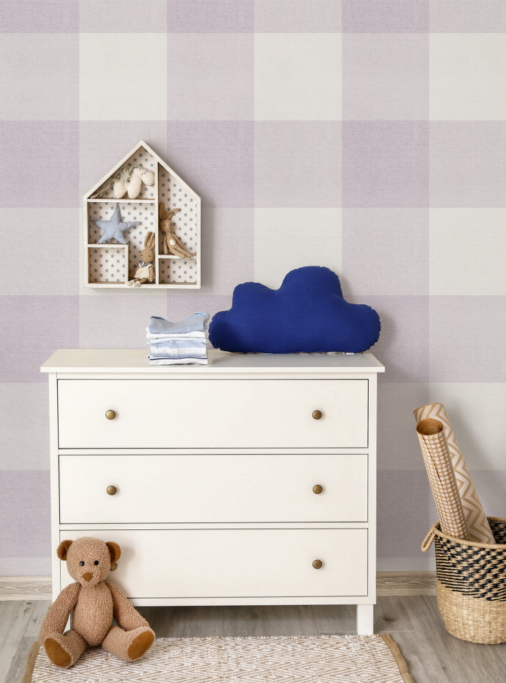Checkered Fabric Look Large Peel and Stick Vinyl Wallpaper, Lilac, 24"x108"