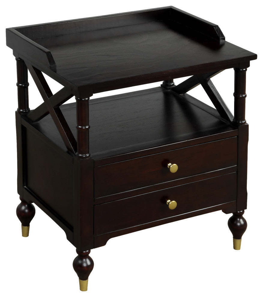 2-Drawer Solid Wood Nightstand with Open Shelf, Espresso, 27" Tall