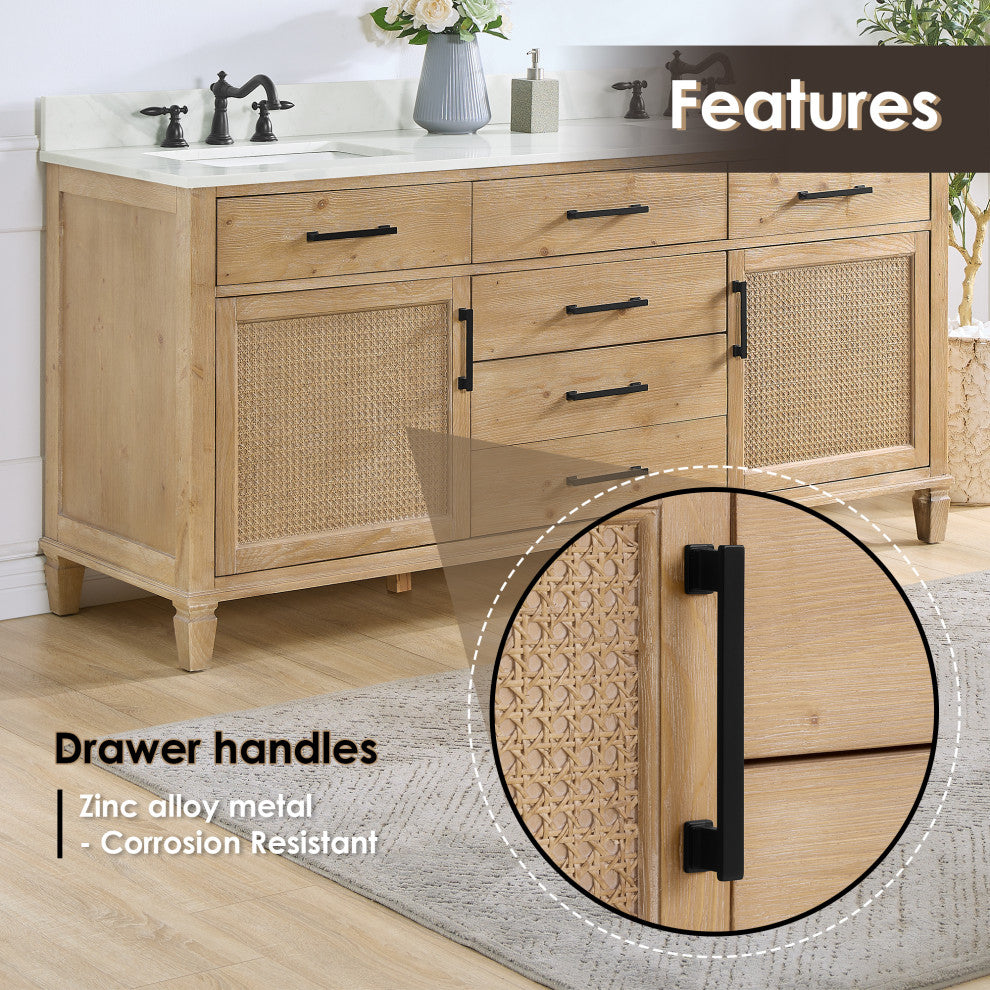 Solana Bathroom Vanity with Calacatta White Quartz Stone Countertop, Weathered Fir, 72", Without Mirror