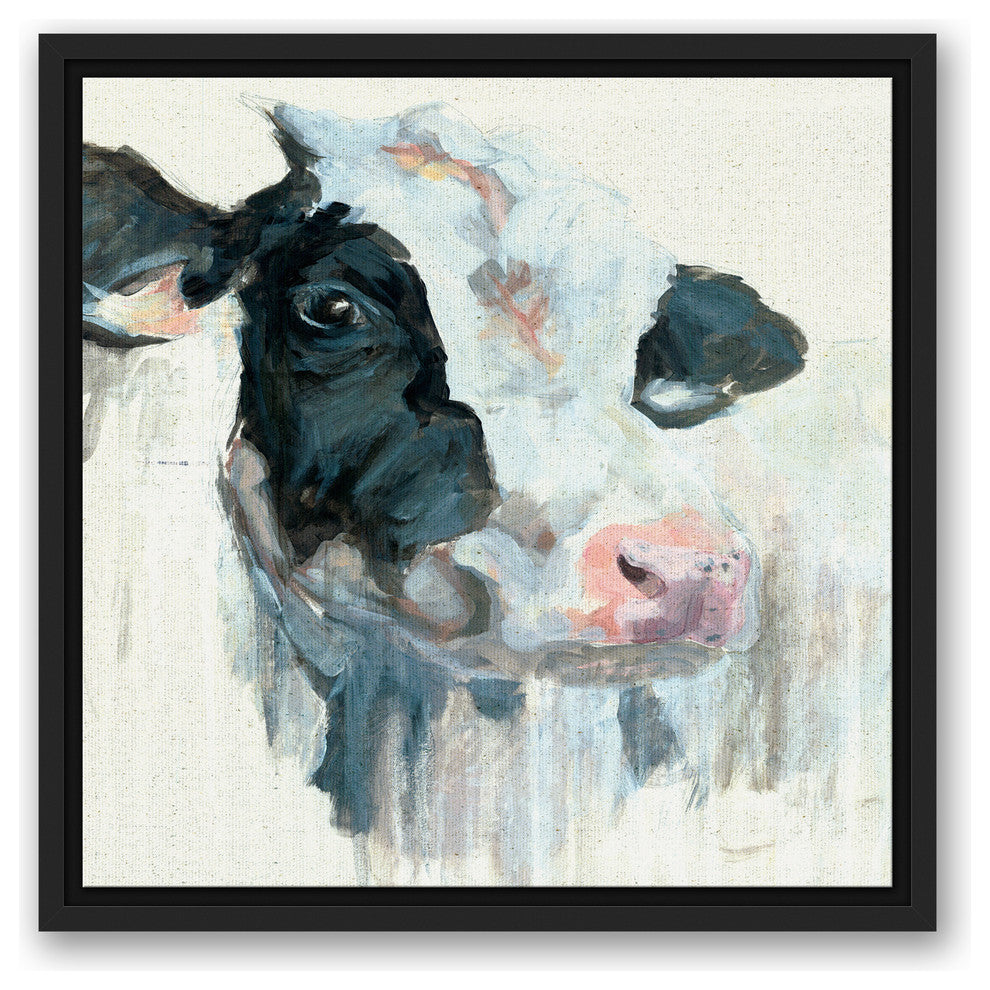 Curious Painted Dairy Cow 16x16 Black Floating Framed Canvas