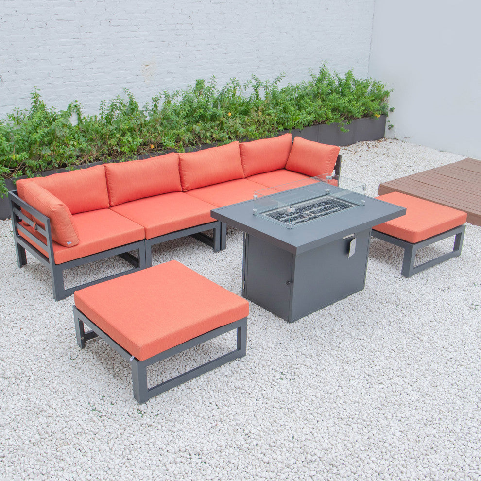 LeisureMod Chelsea 7-Piece Outdoor Sectional With Fire Pit Table, Orange
