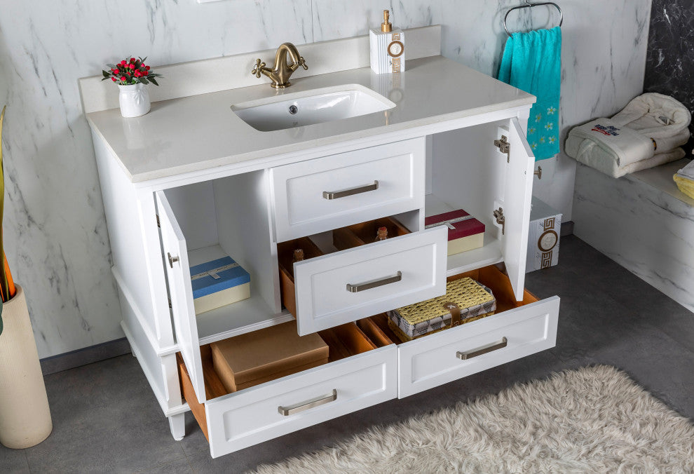 Nera Collection 48" Bath Vanity Quartz Top and Ceramic Sink, White, 48"
