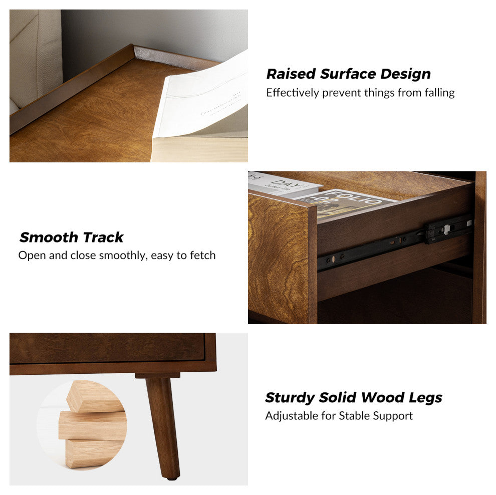 Mid-Century Modern 3-Drawer Nightstand With Charging Station, Walnut