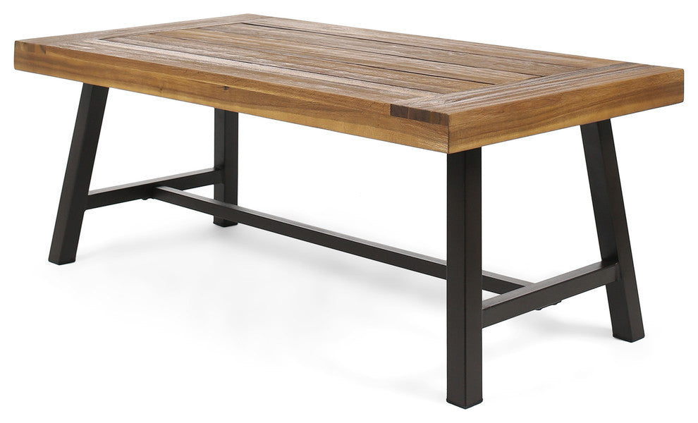GDF Studio Jenny Outdoor Acacia Wood Coffee Table, Sandblast Teak /Rustic Metal