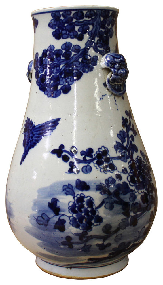 Consigned, Chinese Blue White Porcelain Flower Birds Graphic Vase