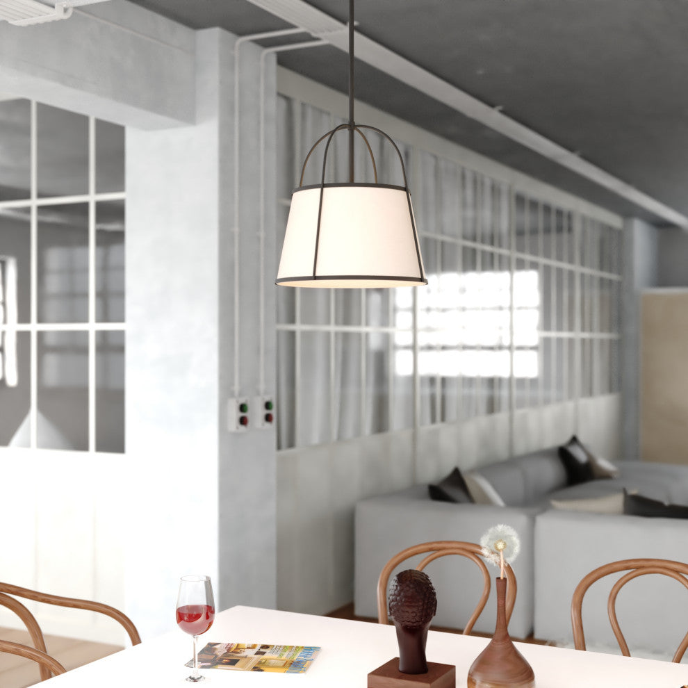 Marion 1-Light Matte Black Mid-Century Modern Cone Pendant, White Fabric Shade, Matte Black