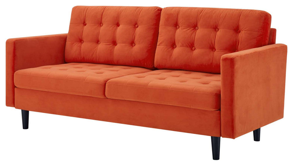 Tufted Sofa, Velvet, Orange, Modern, Living Lounge Room Hotel Lobby Hospitality