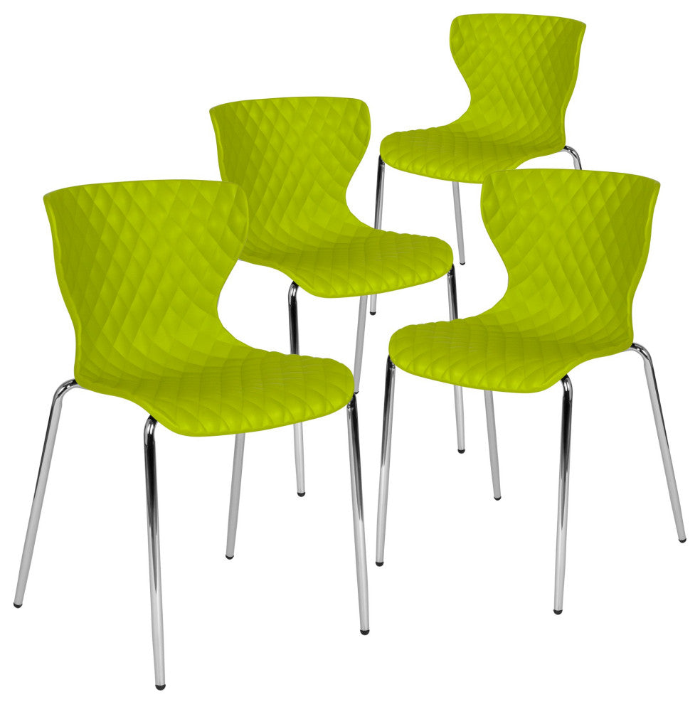 Set of 4 Stackable Dining Chair, Ripple Diamond Patterned Seat, Citrus Green
