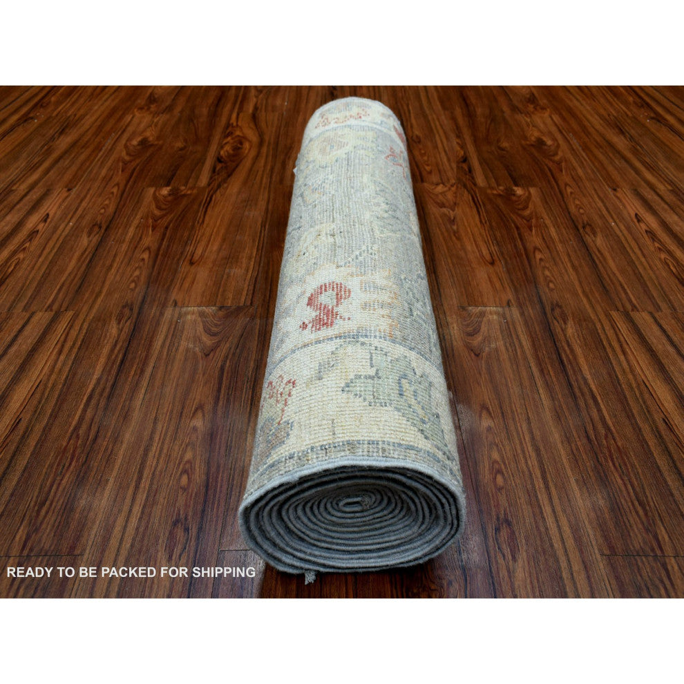Gray Angora Oushak With Pop of Color Hand Knotted Soft Wool Rug, 3'1"x17'6"