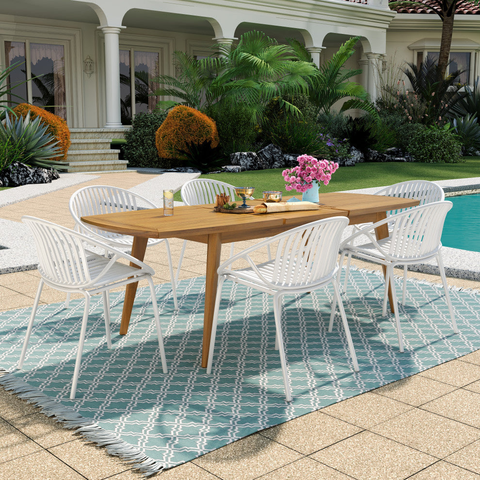 GDF Studio 7-Piece Outdoor Dining Set, Table & Stackable Chairs, White/Brown