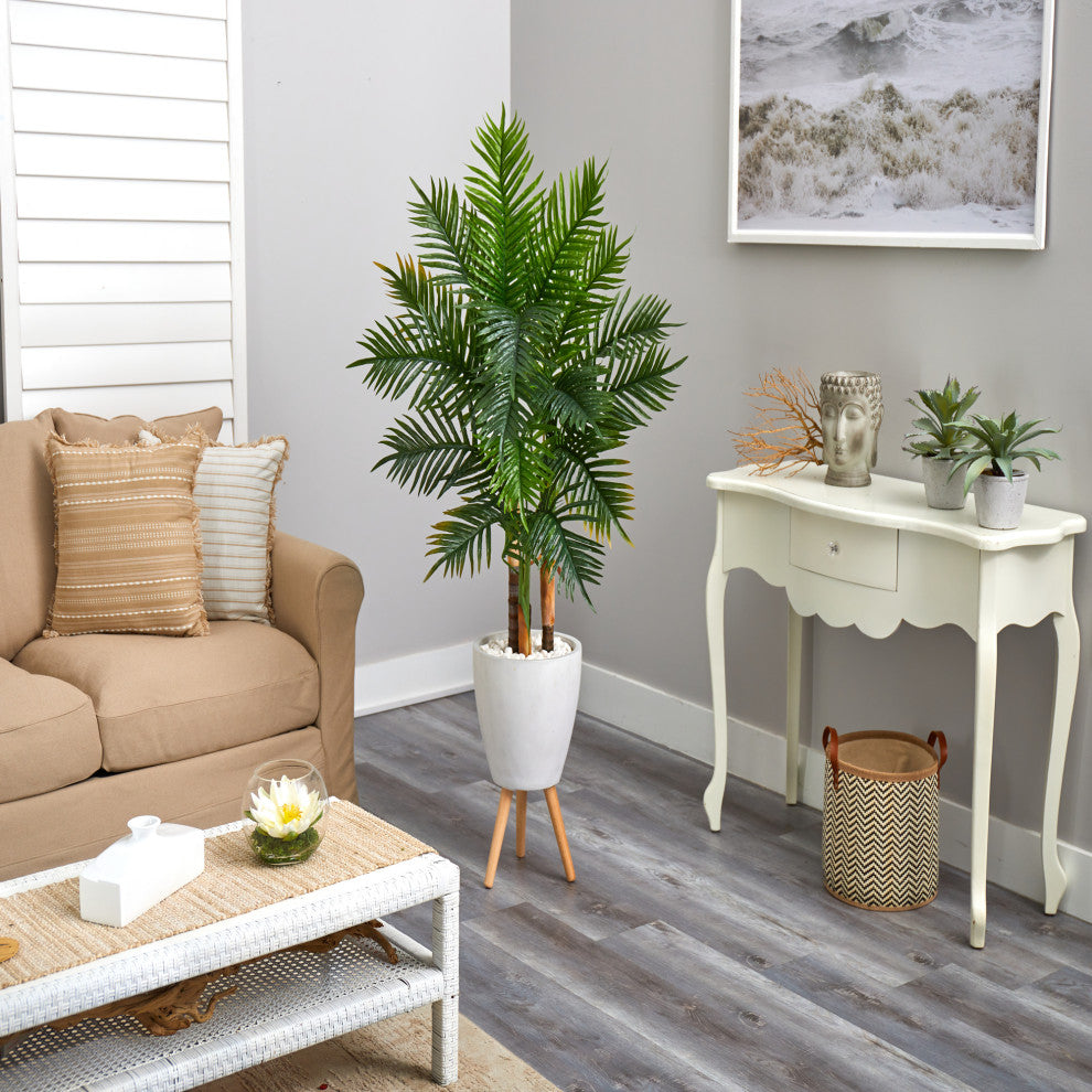 63" Areca Artificial Palm Tree, White Planter With Stand, Real Touch
