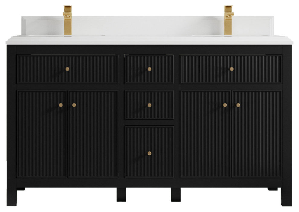 Sonoma 72 Double Sink Reeded Bath Vanity in Black 1.5" White Quartz