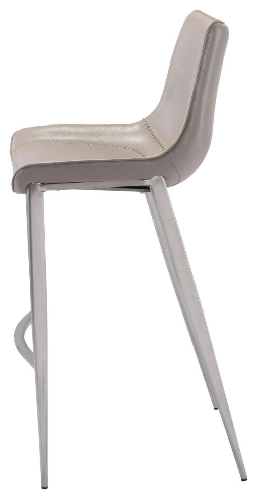 Bar Stool Chair, Set of 2, Faux Vinyl Leather, Steel, Gray, Silver