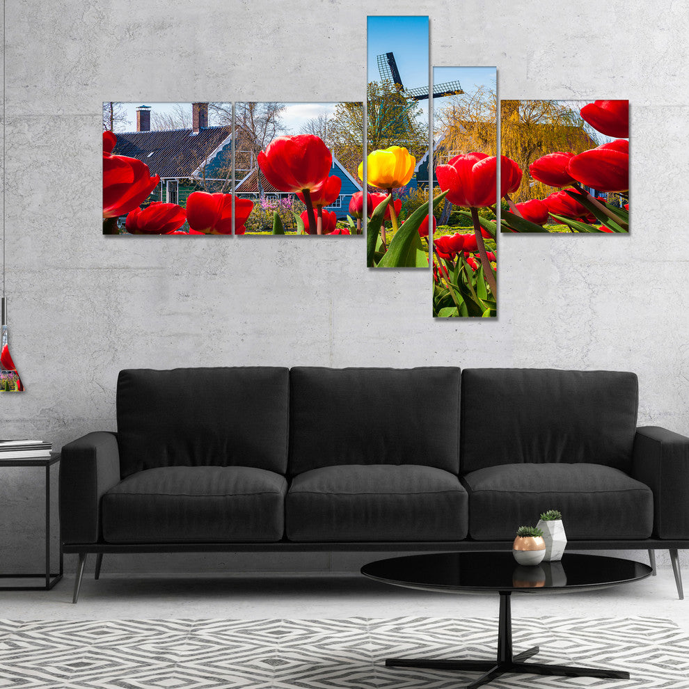 Tulips in the Netherlands Village, Floral Canvas Art Print, 60"x32", 5 panels