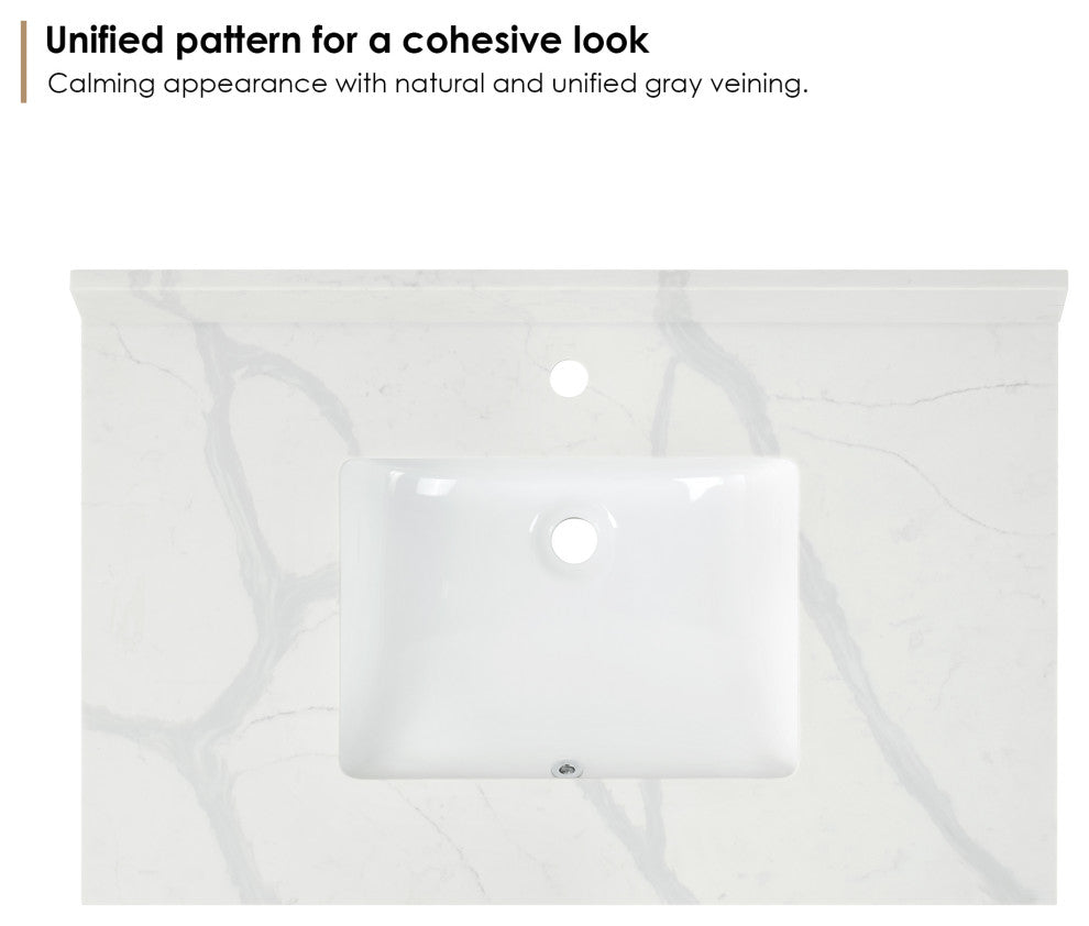 Arbios Quartz Stone Vanity Top in Calacatta White, Calacatta White, 36", Single Hole