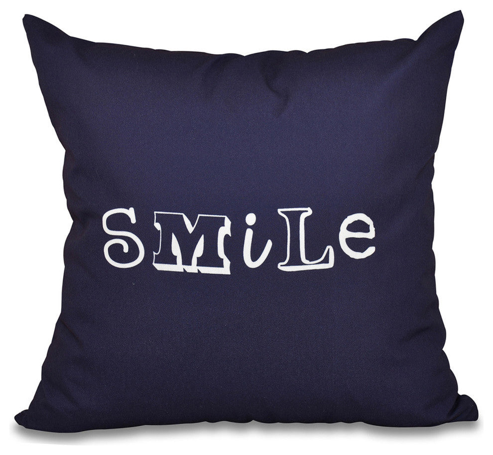 26"x26" Happy Smile, Word Print Pillow, Navy Blue