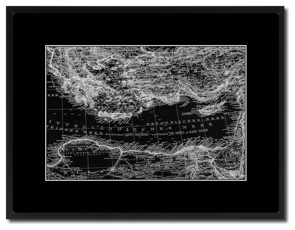 Eastern Mediterranean Old Monochrome Map Print On Canvas With Frame, 16" X 21"