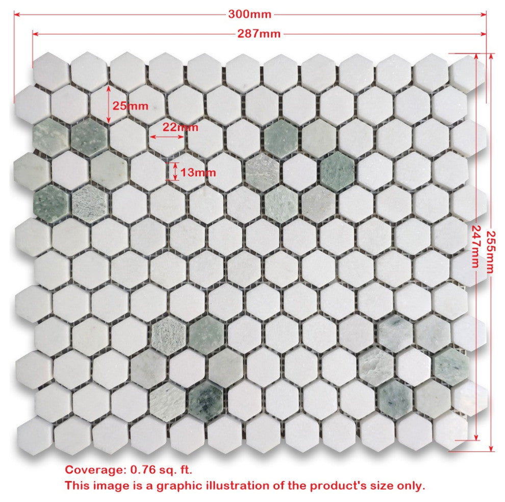 Thassos White Marble Hexagon Rosette Mosaic Tile Nero Marquina Black, 1 sheet