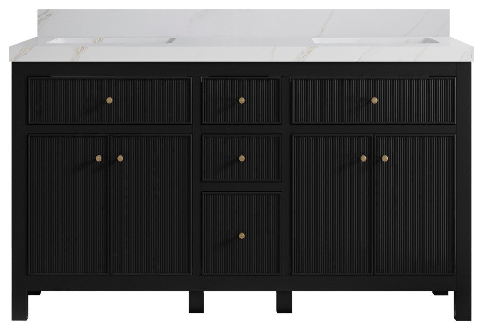 Sonoma 60" Double Sink Bath Vanity in Black, 2" Calacatta Sienna
