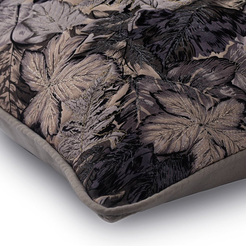 Quilted with Zardosi Embroidery Grey Satin 14"x14" Pillow Cover, Maple Glory