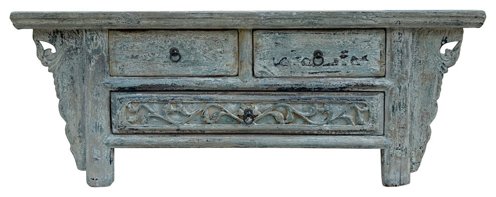 Chinese Vintage Rustic Washed White Blue Low Kang Table Display Stand Hws4343