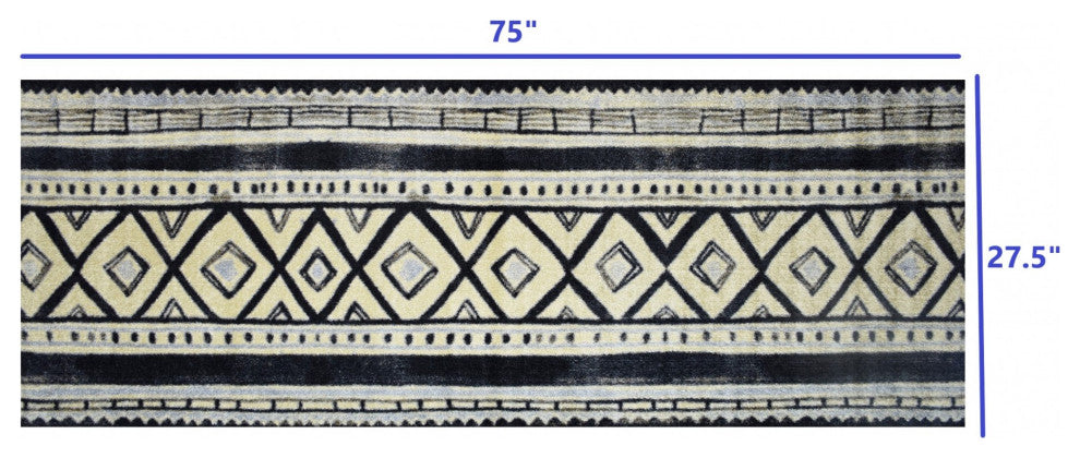 2' x 6' Black and Gray Modern Tribal Washable Runner Rug