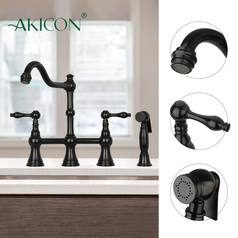 Two-Handles Copper Bridge Kitchen Faucet with Side Sprayer, Matte Black