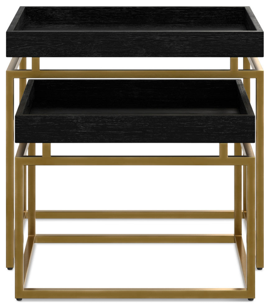 Macy Solid Mango Wood 2 Pc Nesting Table, Black, Gold