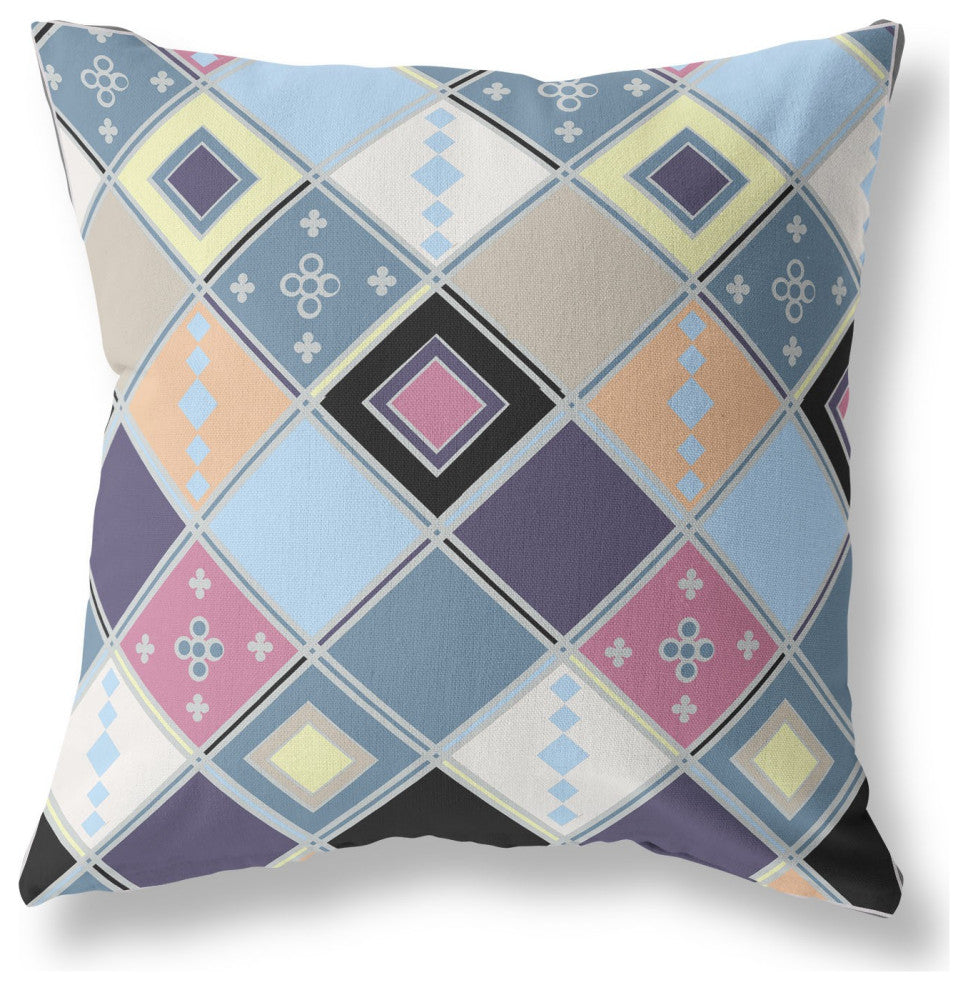 18" Blue Purple Tile Indoor Outdoor Zippered Throw Pillow