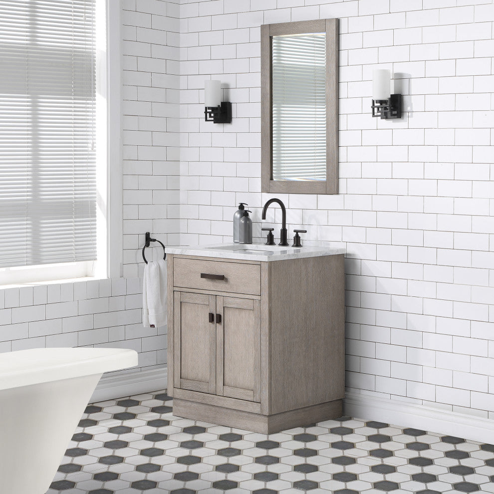 Chestnut 30" Bath Vanity, Grey Oak, Mirror, Oil-Rubbed Bronze Hardware