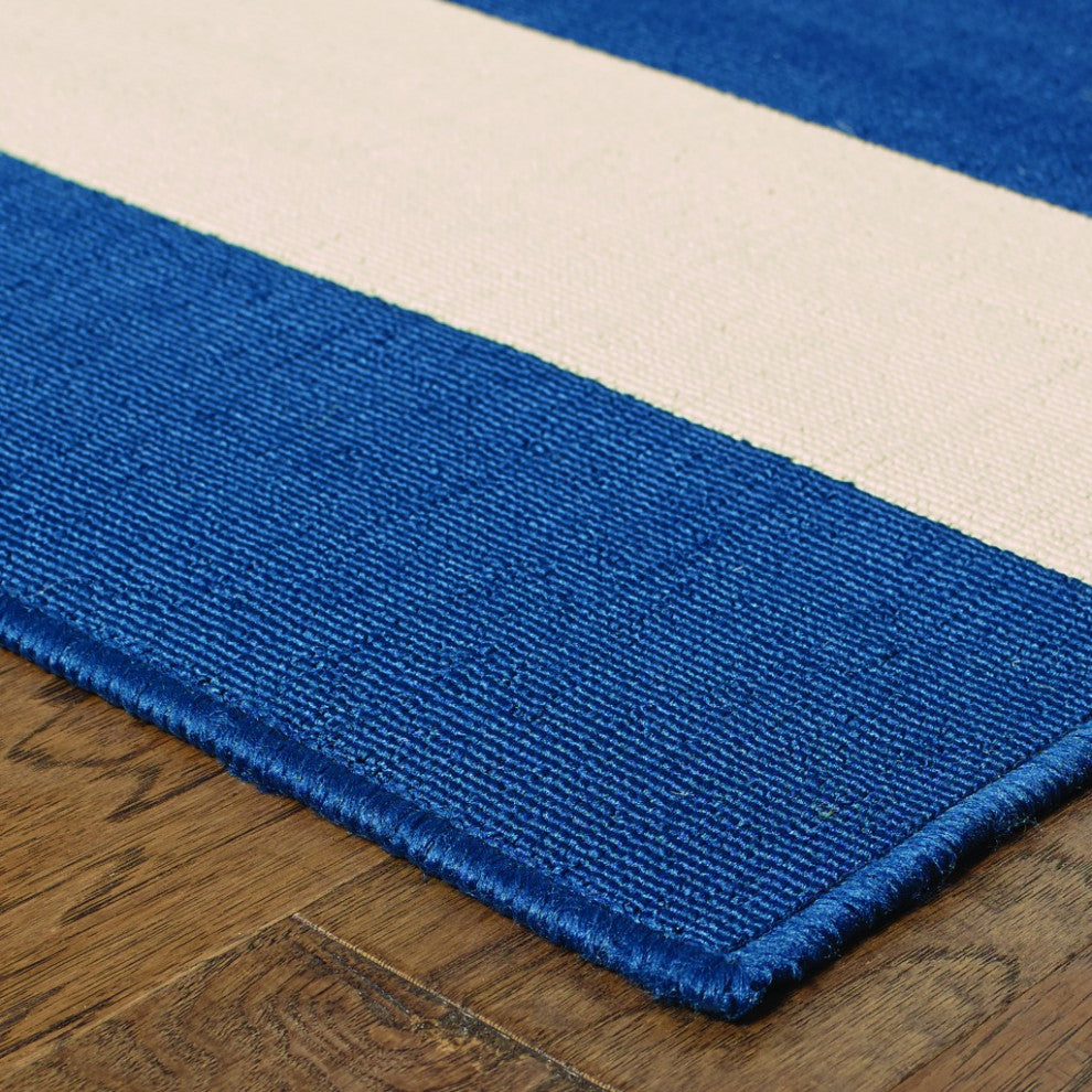 8"x11" Blue and Ivory Striped Indoor Outdoor Area Rug