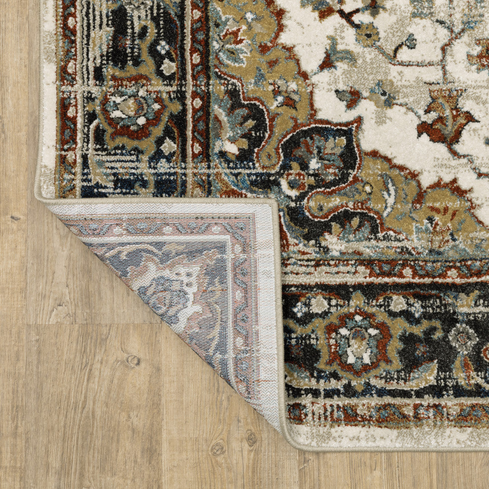 Vander Traditional Medallion Beige/Blue Power-Loomed Area Rug, 6'7"x9'2"