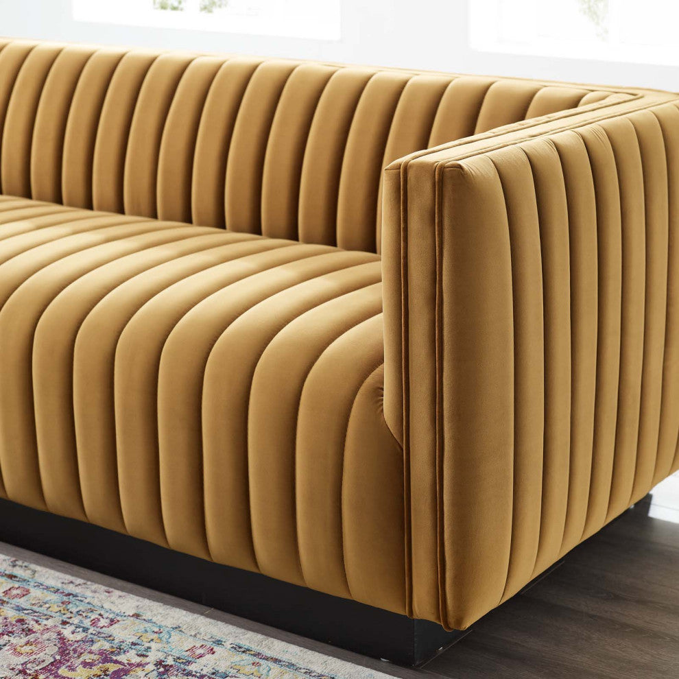 Tufted Sofa, Velvet, Brown, Modern, Living Lounge Room Hotel Lobby Hospitality