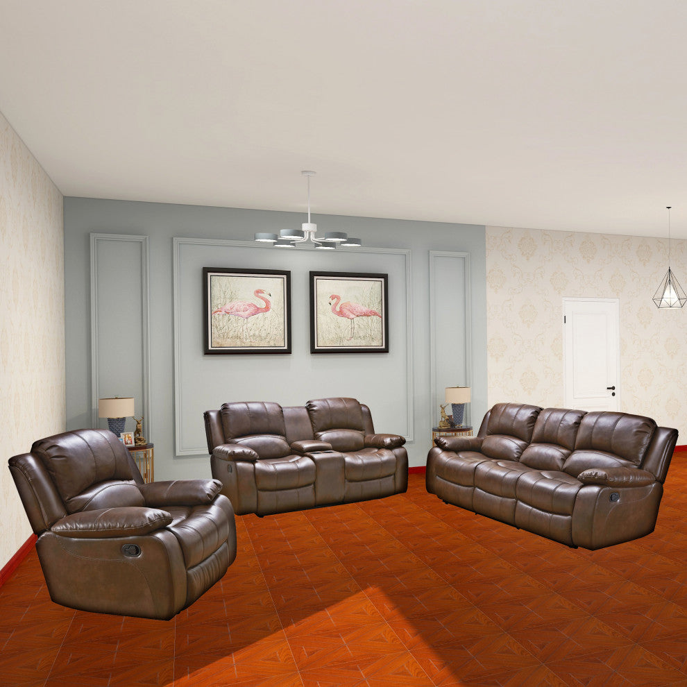 Betsy Furniture 3-Piece Bond Leather Reclining Living Room Set, Brown