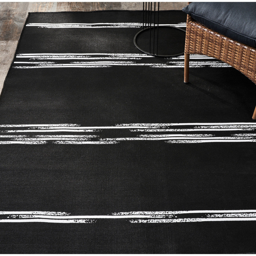 Caymen Rectangle Black,White Stripe Outdoor Rug 3x4'