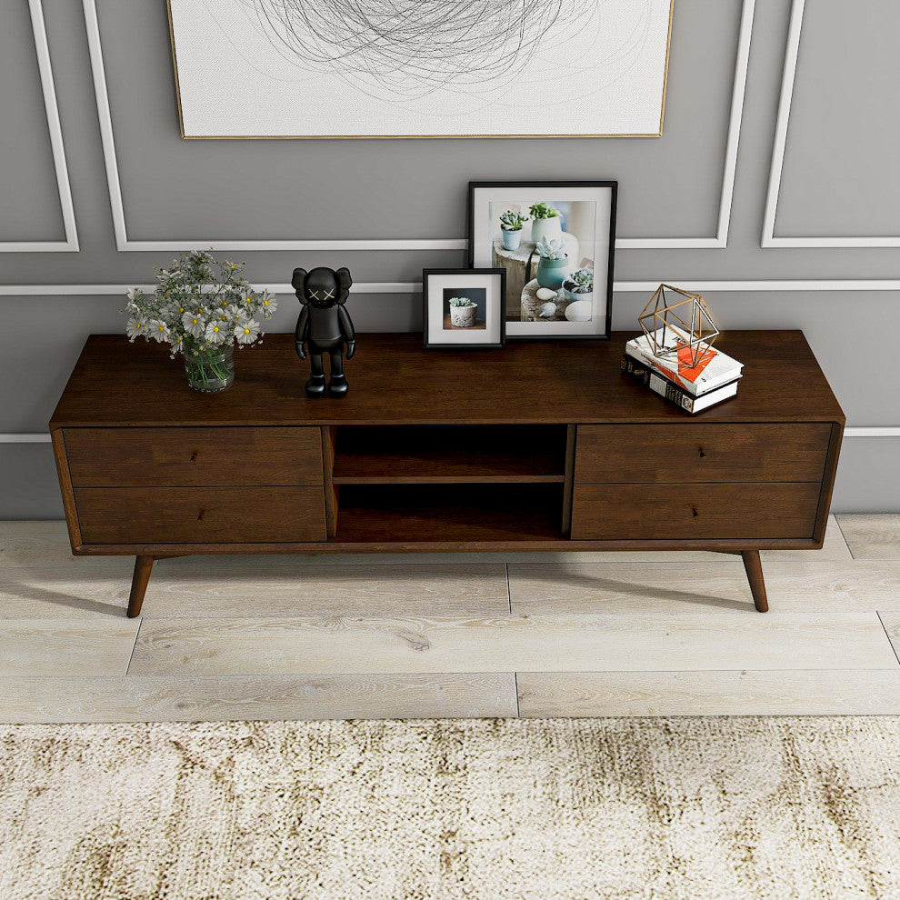 Noak Mid-Century Modern Solid Wood TV Stand With 6 Storage Cabinet, Walnut
