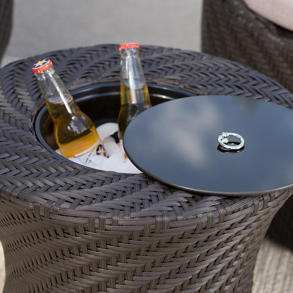 GDF Studio Belen Outdoor Brown Wicker Accent Table With Ice Bucket