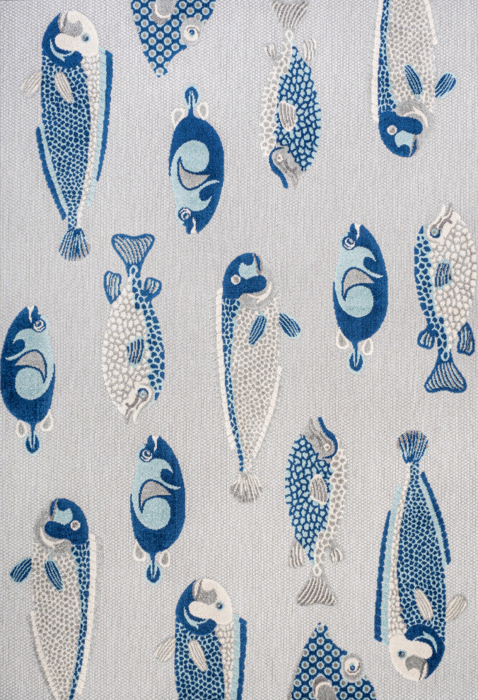 Algarve Modern Fish High-Low Indoor/Outdoor Area Rug, Gray/Navy, 5 X 8