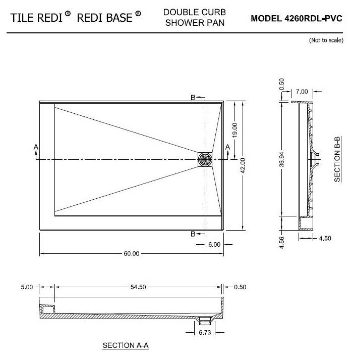 Tile Redi 4260RDL-PVC 42"x60" Double Curb Shower Pan With Right PVC Drain