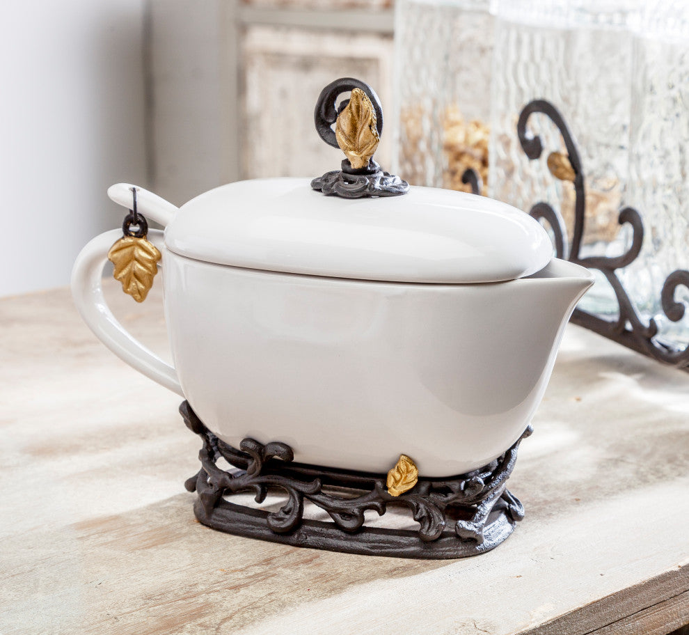 White Stoneware Sauce Boat with Ladle and Metal Gold Leaf Base