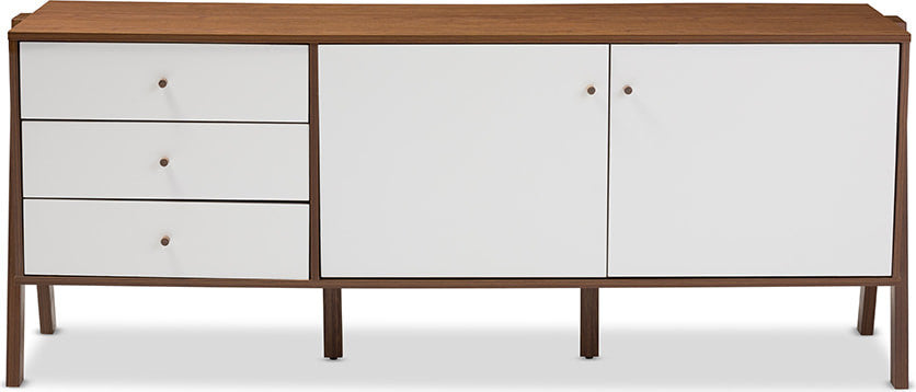 Harlow Mid-Century White and Walnut Wood Sideboard Storage Cabinet